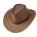 Brown western straw cowboy hat with hand-stitched crown edges and vintage woven rope - Brown
