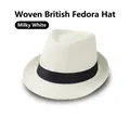 Detailed close-up of cream white breathable linen fedora with black ribbon band - Cream