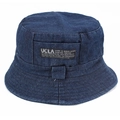Detail of dark blue denim bucket hat featuring a UCLA woven label and white stitching - One Size 58cm / Denim Navy Blue