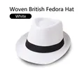 Gros plan détaillé du chapeau fedora en lin blanc tissé avec mesh respirant et ruban noir - Adulte 58cm / Blanc
