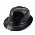 Sombrero Fedora clásico de cuero negro para hombre con acabado pulido y forro cálido - Grande 59cm / Negro