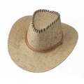 Western style straw cowboy hat with textured weave and brown rope trim in beige and black - Coffee