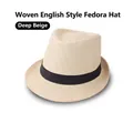 Close-up of dark beige breathable linen jazz hat with elegant black grosgrain ribbon detail - Deep Beige