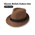Close-up of coffee brown woven straw jazz hat with black ribbon and fine texture - Adult 58cm / Coffee