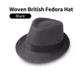 Close-up of the breathable black woven texture and satin band on this classic fedora hat - Black