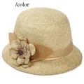 Sombrero cloche de lino beige para mujer con adorno floral artesanal y cinta de raso - M (56-58cm) / Beige (Flor Pequeña)