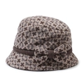 Women's autumn winter knit bucket hat with houndstooth pattern and side bow decoration - Adjustable 56-58cm / Coffee