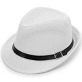 Breathable white woven straw jazz fedora hat with black belt buckle for summer sun protection - One Size 57-58cm / White