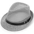 Breathable grey woven summer fedora hat with elegant black leather band and metal buckle - One Size 57-58cm / Gray