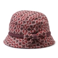 Elegant women's red-brown wool felt cloche hat with houndstooth pattern and bow detail - Adjustable 56-58cm / Burgundy