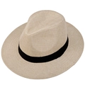 Sombrero fedora de paja beige para hombre con cinta negra y ala plana para el sol - Talla Única 58cm / Beige