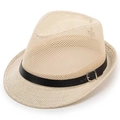 Classic straw jazz hat in beige with black decorative band and metal buckle detail - One Size 57-58cm / Light Beige