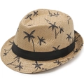 Classic straw fedora hat with black palm tree prints and elegant ribbon band for summer - One Size 58cm / Lala Grass Khaki