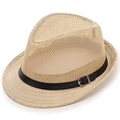 Close-up of summer straw fedora featuring breathable weave and black band with metal buckle - One Size 57-58cm / Beige