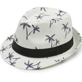 White straw fedora hat for men with navy palm tree prints and black ribbon trim - One Size 58cm / Lala Grass Off-White