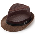 Detail of summer straw jazz hat with breathable mesh crown and brown brim buckle - One Size 57-58cm / Coffee