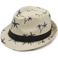 Summer straw fedora with black palm tree prints and ribbon detail on white background - One Size 58cm / Lala Grass Beige
