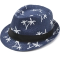 Dark blue summer straw fedora hat with white palm tree prints and black ribbon band - One Size 58cm / Lala Grass Blue