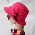 Detail of rose red wool cloche hat with floral accents and ribbon for women - Rose Red