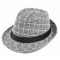 Classic black and white checkered summer straw fedora hat with elegant black ribbon band - One Size 58cm / Black Mahjong Lattice