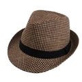 Detail of woven straw fedora hat featuring a brown and beige checkered pattern and black band - One Size 58cm / Tricolor Grass Brown