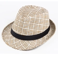 Classic summer straw fedora with brown and white geometric weave and black decorative band - One Size 58cm / Beige Mahjong Lattice