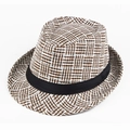 Classic summer fedora straw hat with brown checkered pattern and black ribbon band - One Size 58cm / Coffee Mahjong Lattice