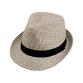 Detail of summer straw fedora hat featuring a woven texture and black grosgrain ribbon trim - One Size 58cm / Tricolor Grass Beige
