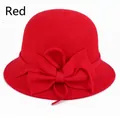 Elegant red wool cloche hat for women with large flower bow decoration for autumn - M (56-58cm) / Red