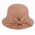 Elegant camel wool felt cloche hat for women featuring a large decorative flower bow accent - M (56-58cm) / Camel