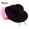 Detailed view of black wool wide brim fedora hat with bow and golden pearl beads - M (56-58cm) / Black