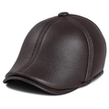 Classic dark brown leather flat cap with ear flaps and retro textured finish for men - Large (60cm) / Brown Leather