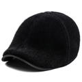 Detailed close-up of premium black faux mink fur winter baseball cap with leather trim edge - Large (60cm) / Black Faux Mink Fur