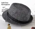 Close-up of light grey herringbone fabric texture on classic men fedora hat - One Size 58cm / Herringbone Light Grey