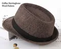 Detail of coffee brown herringbone fabric and black decorative band on men's fedora hat - One Size 58cm / Herringbone Coffee