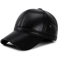 Mens winter black faux leather baseball cap with ear flaps and textured finish - Adjustable 57-59cm / Black