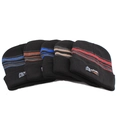 Detail of five winter beanies with colored stripes and sport labels on a white backdrop - One Size / High Elasticity / Multicolor Jacquard Striped (Sport)