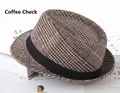 Detail of coffee plaid herringbone fedora hat with black grosgrain ribbon and classic texture - One Size 58cm / Large Plaid Coffee