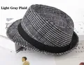 Detail view of light gray plaid fedora hat with herringbone pattern and black grosgrain ribbon - One Size 58cm / Large Check Light Grey