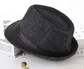 Detailed view of grey herringbone pattern fedora with elegant black satin ribbon band - One Size 58cm / Large Check Dark Grey