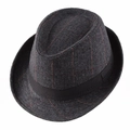 Close-up of grey herringbone fedora with red grid pattern and black ribbon detail - One Size 58cm / New Herringbone Dark Grey