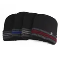 Detail of winter knit beanies in four colors with double stripe design and sports label - One Size / High Elasticity / Black Gray Double Striped (Sport)