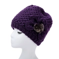 Gorro de invierno de punto morado grueso para mujer mayor con flor artesanal y pompón de piel - Elástico / Morado