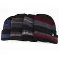 Detailed close-up of four winter knit beanies with sports star patch and ribbed texture - One Size / High Elasticity / Black Blue Striped (Sport)