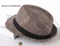 Detail of coffee plaid wool fedora hat with black decorative band on magazine background - One Size 58cm / Coffee Large Plaid