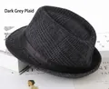 Close-up of dark grey plaid felt fedora hat with black satin band on fashion magazine - One Size 58cm / Dark Grey Large Plaid