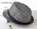 Detail of grey plaid fedora hat with black ribbon trim on minimalist background - One Size 58cm / White & Gray Plaid