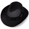 Detail of black summer sun hat featuring breathable mesh crown and leather buckle strap - M (56-58cm) / Black