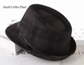 Men's brown plaid fedora hat with black satin ribbon detail on minimalist background - One Size 58cm / Coffee Small Plaid