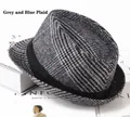 Macro detail of grey blue plaid fedora hat with elegant black ribbon on a magazine - One Size 58cm / Blue Grey Grid